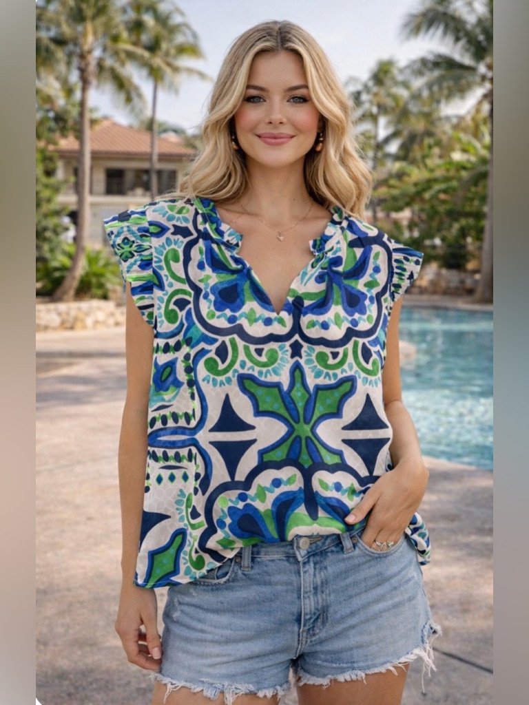 Current Air Anthropologie Blue Green Print Ruffle Sleeve Blouse Size S
